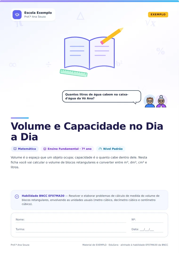 Capa estilo Escolar da ficha “Volume e Capacidade no Dia a Dia”.