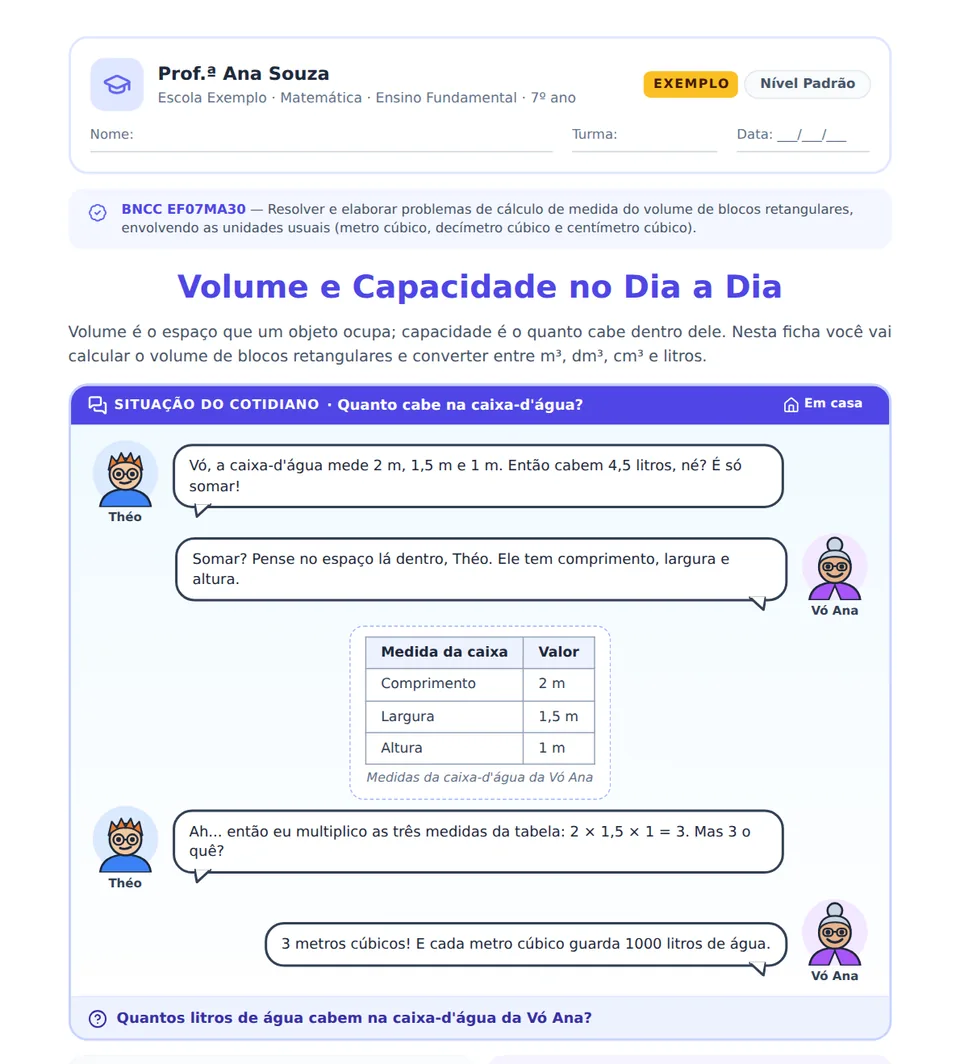 Página de conteúdo com cabeçalho da escola, habilidade BNCC EF07MA30 e diálogo entre Théo e Vó Ana sobre a caixa-d'água.