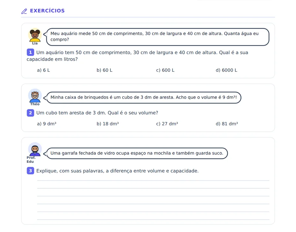 Três exercícios sobre volume, cada um apresentado por um personagem, com alternativas e linhas de resposta.