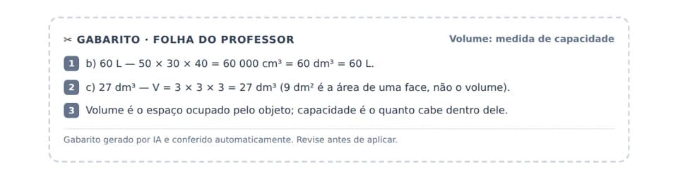 Gabarito da folha do professor com as respostas e os cálculos dos três exercícios.