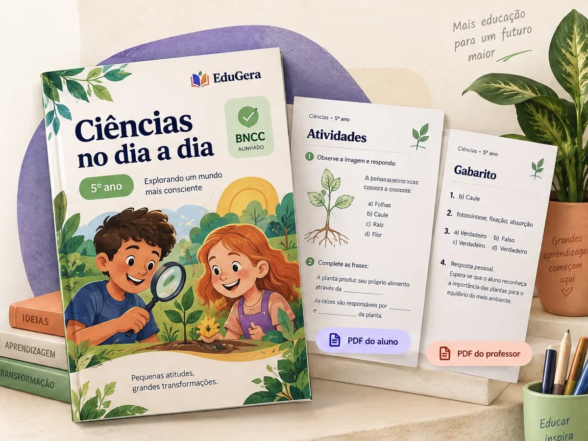 Apostila ilustrada do EduGera com capa, folha de atividades e gabarito, e os botões PDF do aluno e PDF do professor.