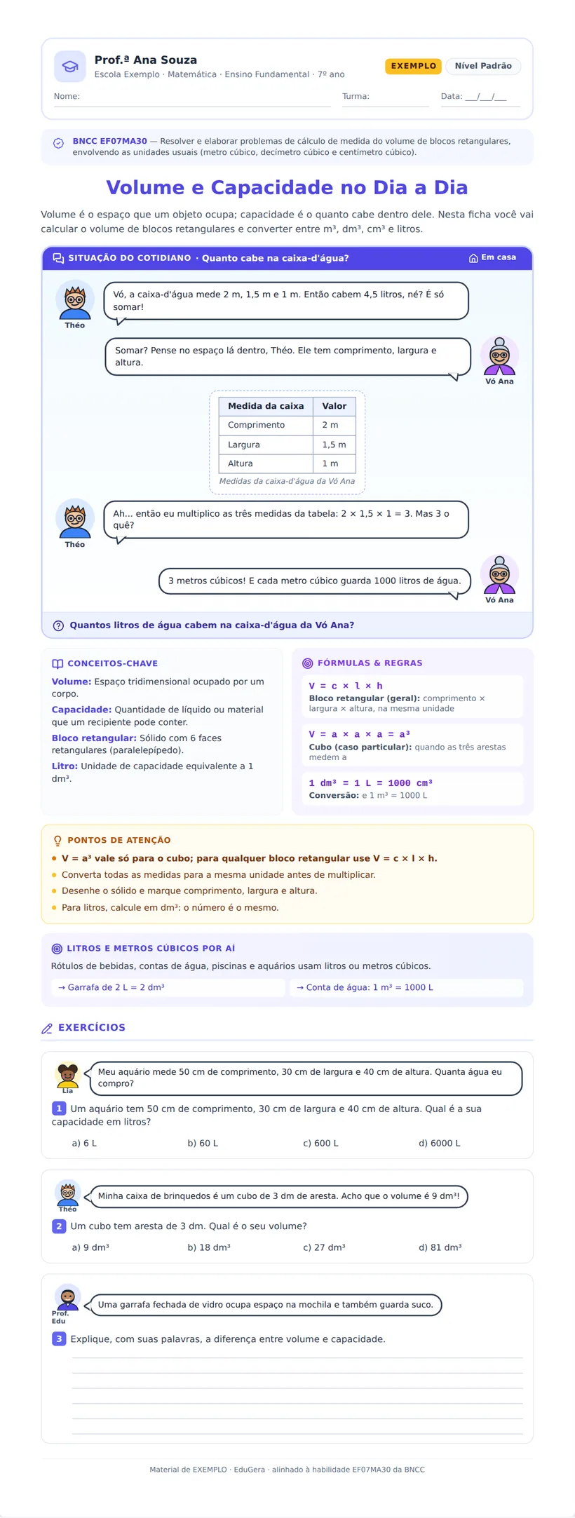 Folha A4 completa do aluno: cabeçalho, situação do cotidiano, conceitos, fórmulas, pontos de atenção e exercícios.