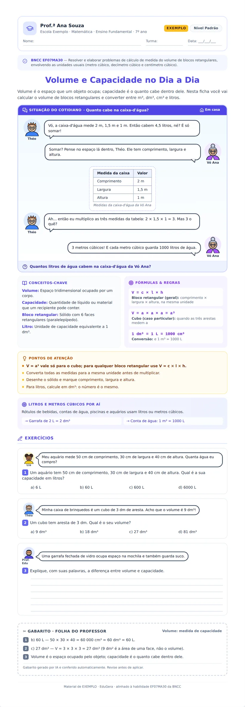 Folha A4 completa do professor, igual à do aluno e com o gabarito ao final.